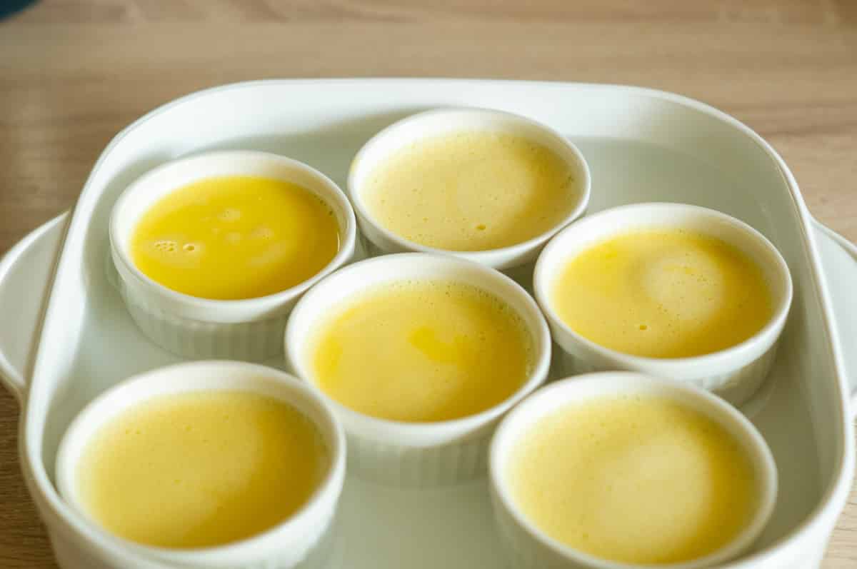 Advocaat Crème Brûlée in ramekins before caramelising