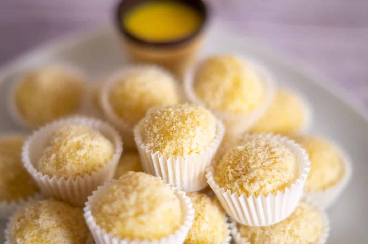 Advocaat truffles arranged in truffle paper cases