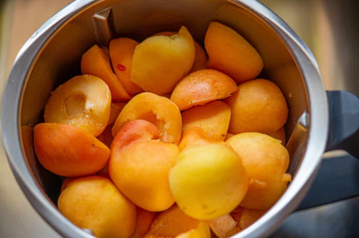 Fresh apricots in the Thermomix® mixing bowl