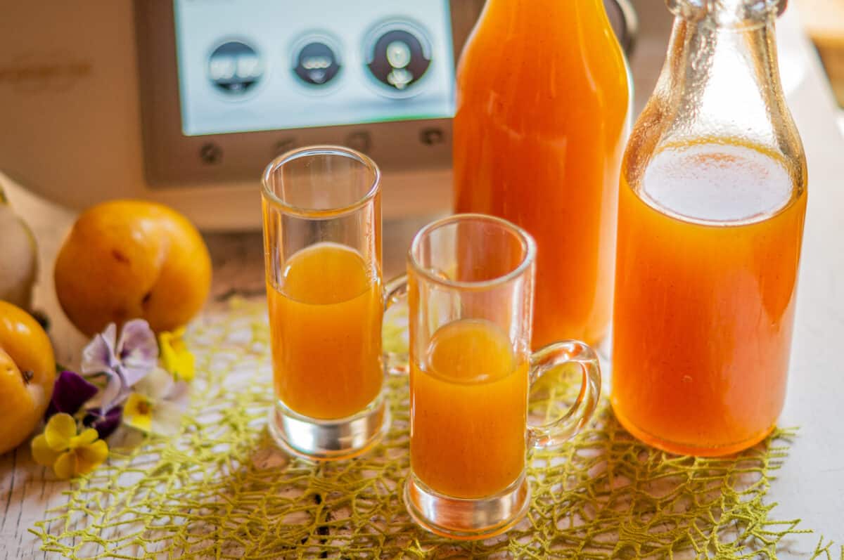 Apricot liqueur made with the Thermomix® in a bottle with fresh apricots