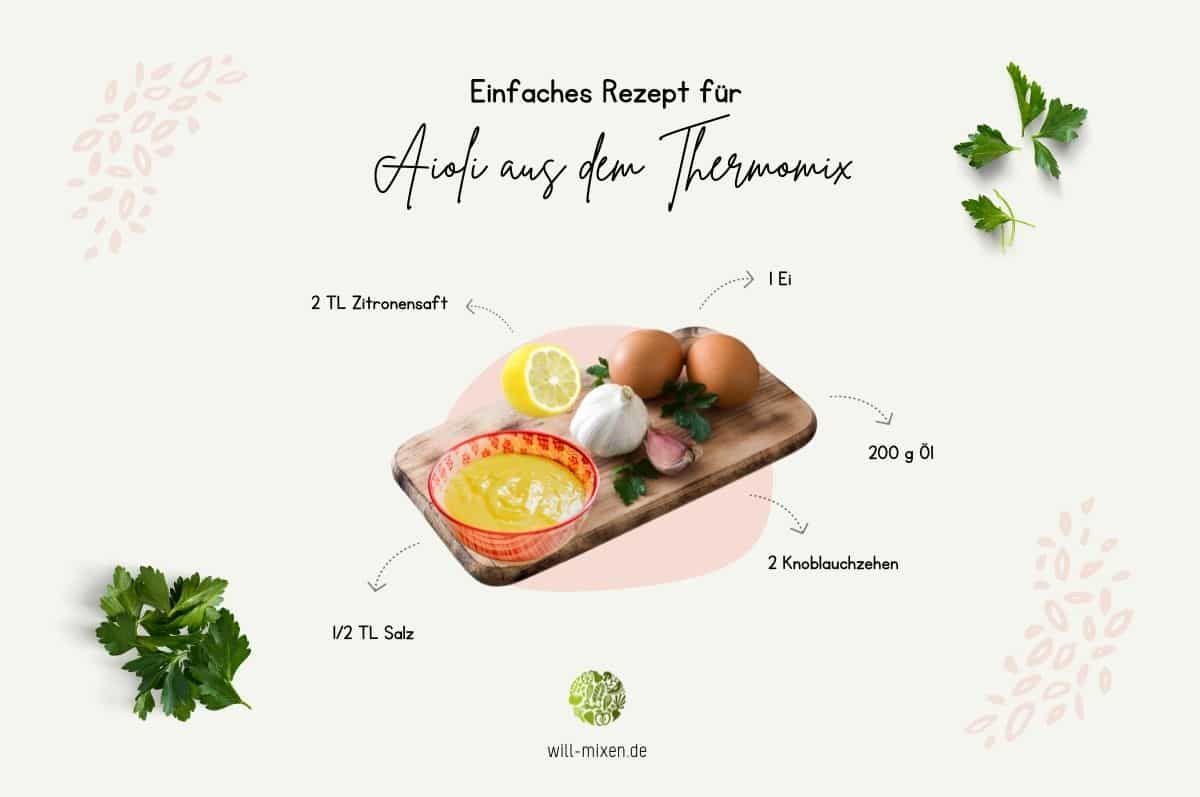 Ingredients for Thermomix® aioli: garlic cloves, egg, lemon, salt and sunflower oil