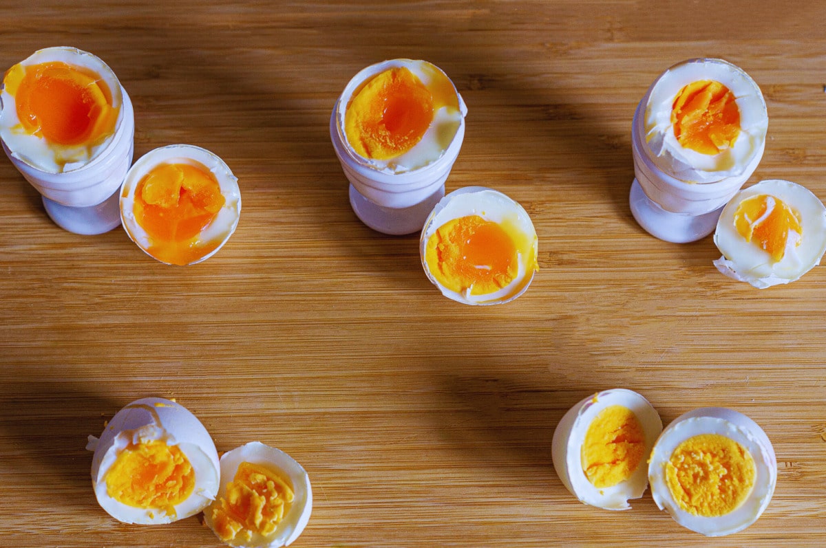 Boiling eggs in the Thermomix® showing different levels of doneness from soft to hard