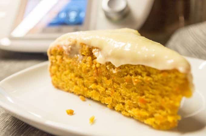Carrot cake with icing made in the Thermomix®, plated and ready to serve