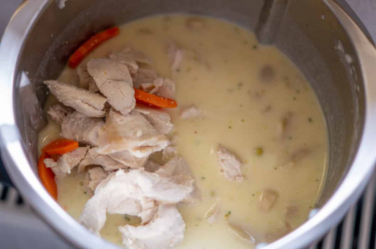 Mushrooms, peas and remaining ingredients in the mixing bowl