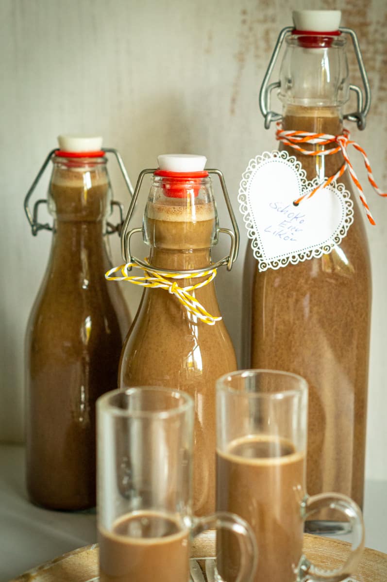 Chocolate advocaat filled into bottles, ready as a gift