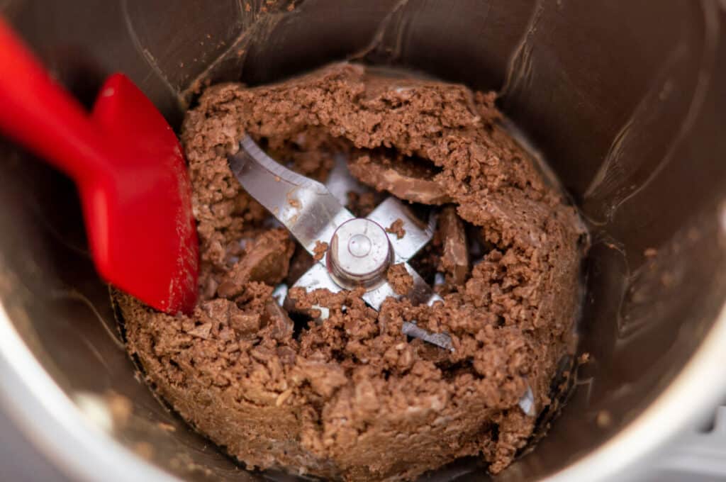 Chopping chocolate in the mixing bowl