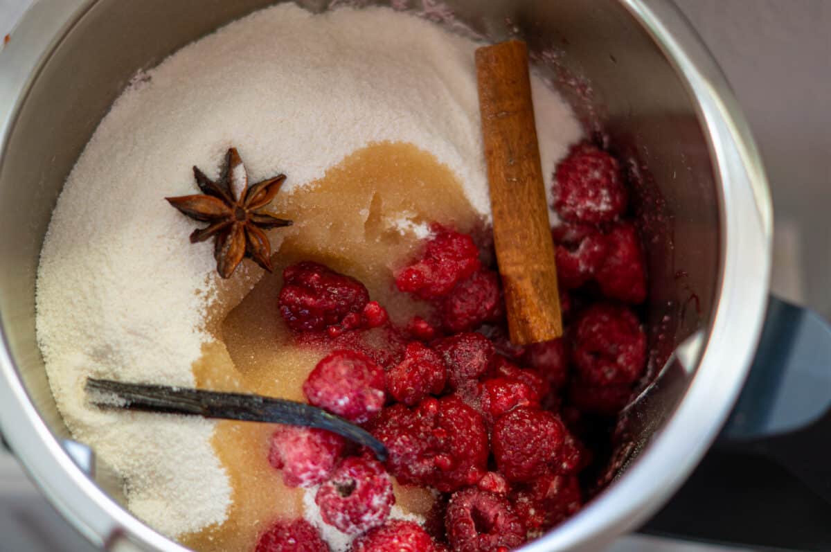 All the Christmas jam ingredients in the mixing bowl