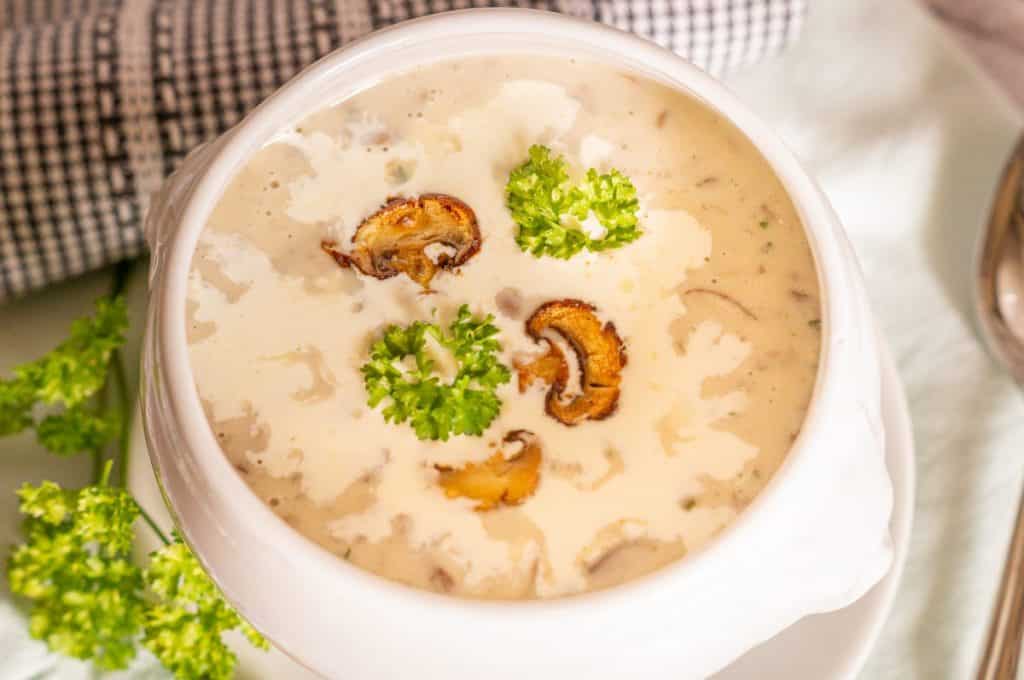 Creamy mushroom soup from the Thermomix® in a deep bowl, garnished with parsley