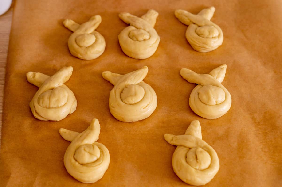Yeast dough Easter bunnies before baking