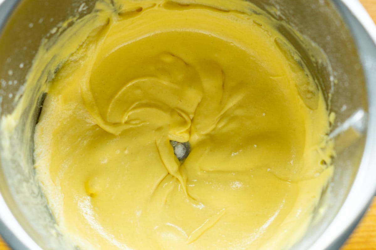Finished sponge batter in the Thermomix® mixing bowl before spreading onto the baking tray