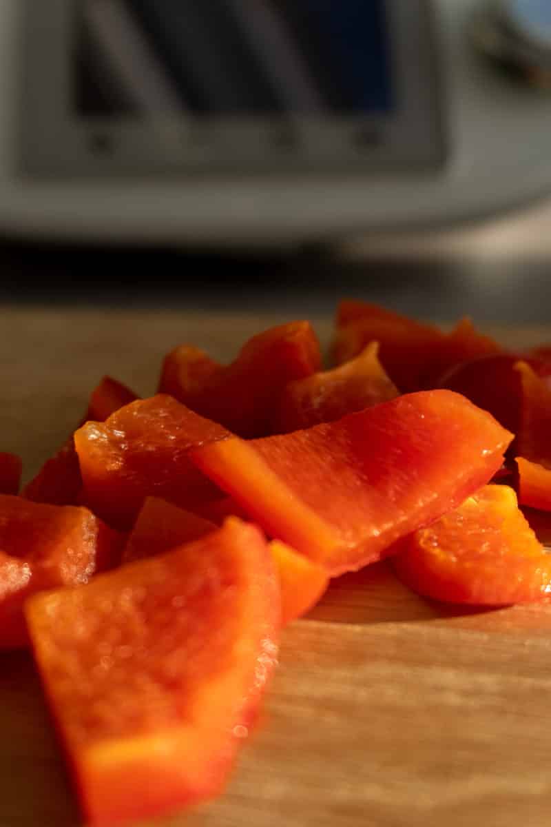 Fiery Chilli Cheese Pizza Swirls with the Thermomix® 4 Red pepper in pieces