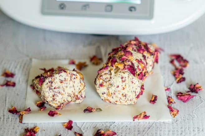 Homemade Thermomix® flower butter shaped into a log with a petal border