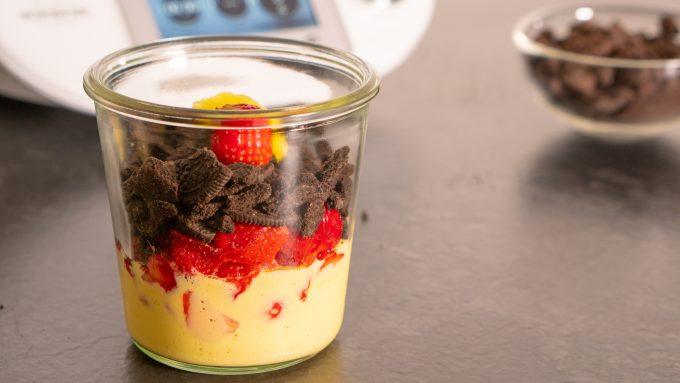 German Flag Layered Dessert from the Thermomix® with Oreo, mango and strawberries in a glass
