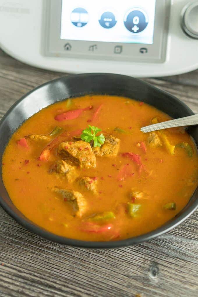 Goulash soup made with the Thermomix® with beef and peppers in a bowl
