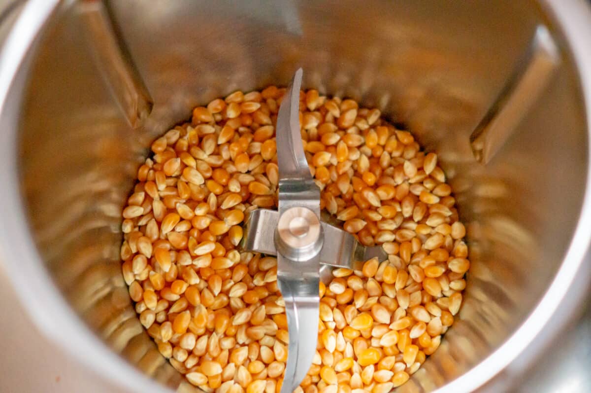 Dried maize kernels in the mixing bowl of the Thermomix® before grinding