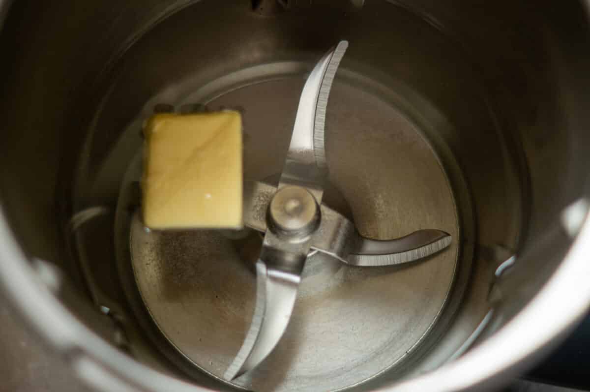 Water, salt, sugar and butter in the mixing bowl