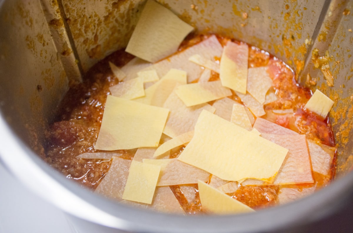 Thermomix® lasagne stew being made with lasagne sheets