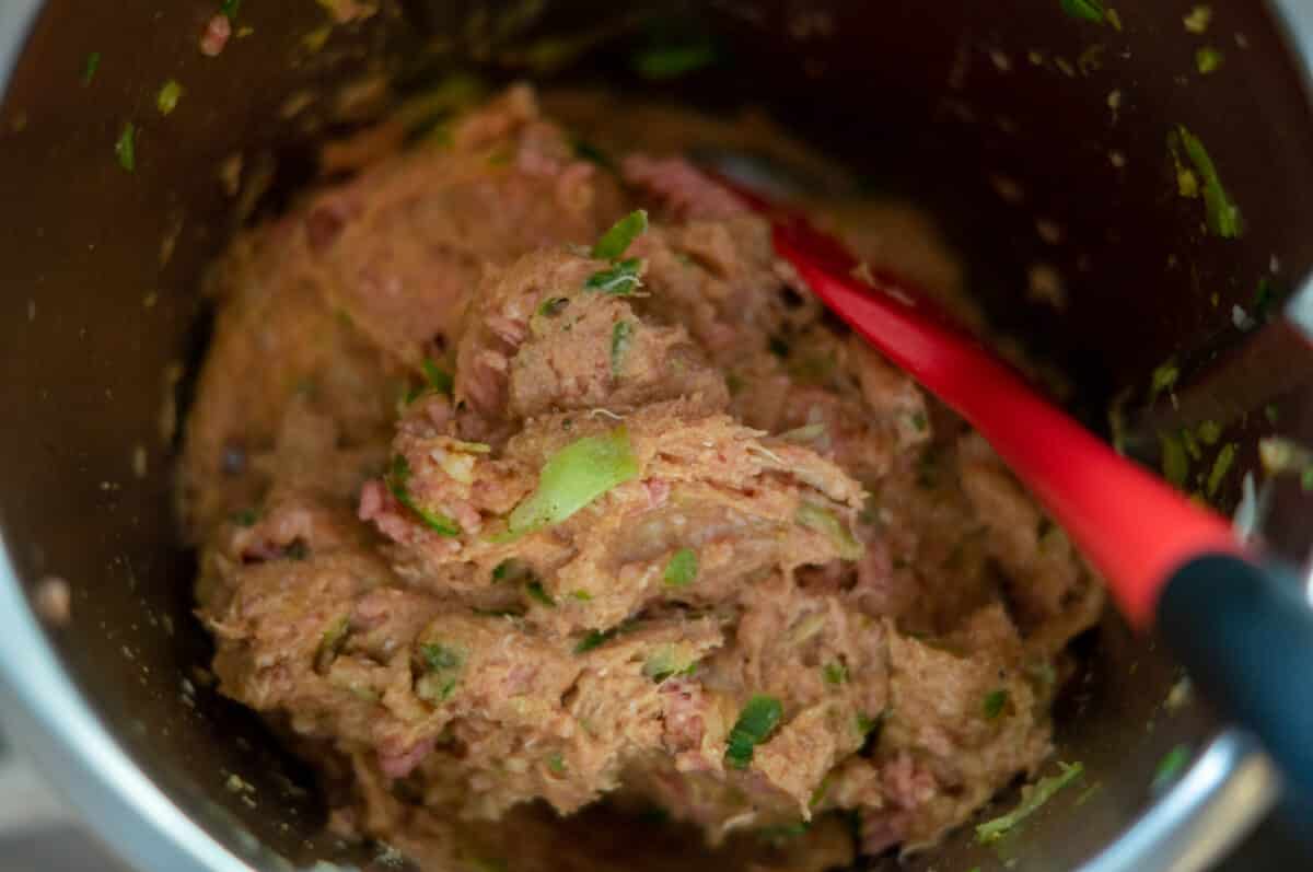 Meatball mixture in the Thermomix® mixing bowl