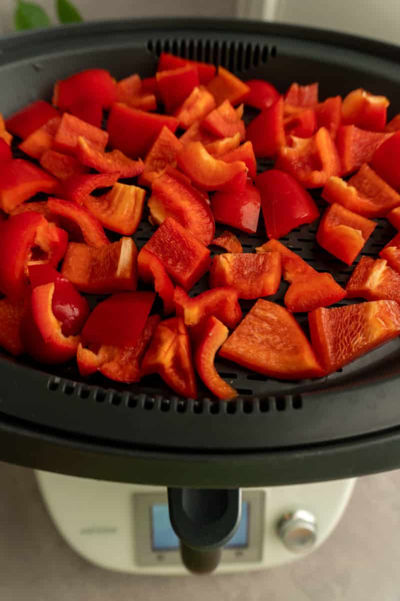 Pepper pieces steaming gently in the Varoma