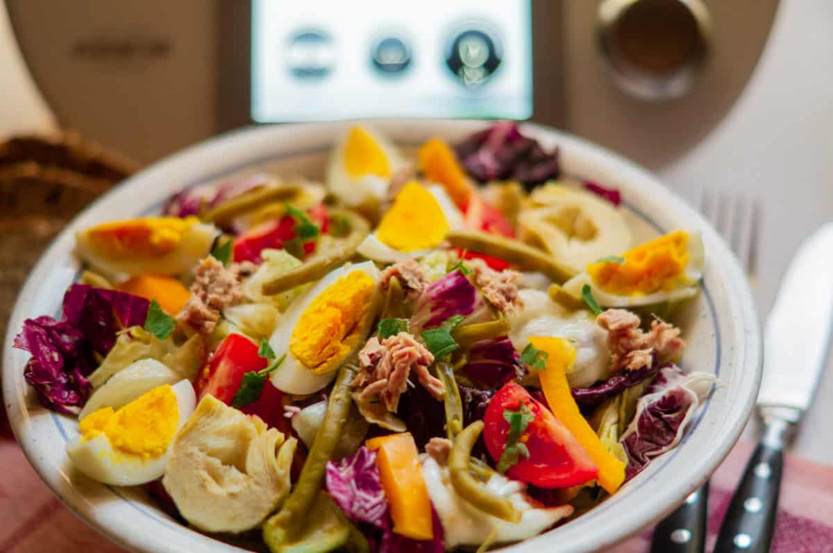 Nicoise Salad made with the Thermomix® with tuna, egg and beans in a bowl