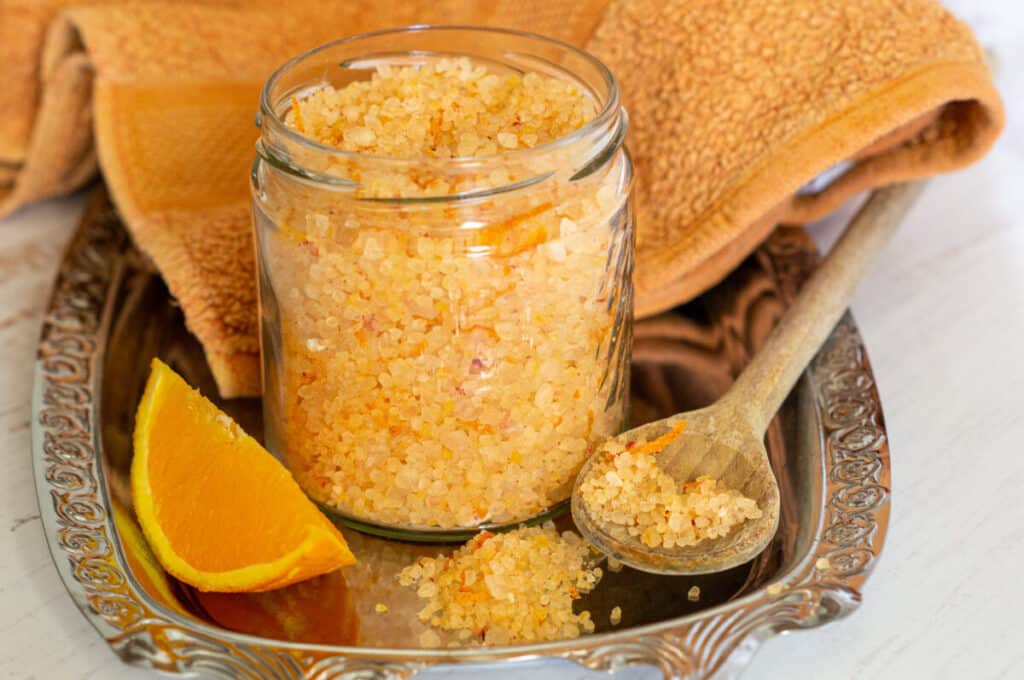 Orange bath salt made with the Thermomix® with zest and orange colouring
