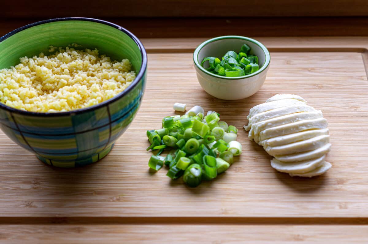Cheese, Mozzarella and spring onions