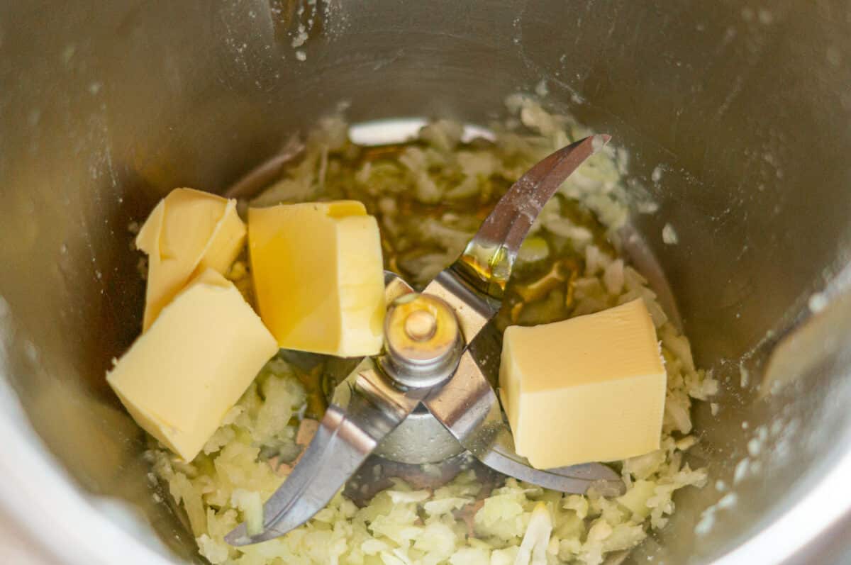 Butter and shallots in the mixing bowl
