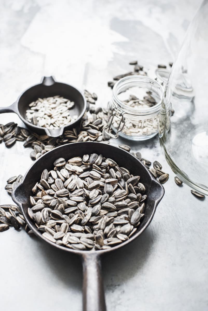 Toasting sunflower seeds in a pan