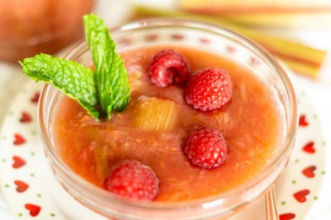 Rhubarb compote in the mixing bowl during cooking