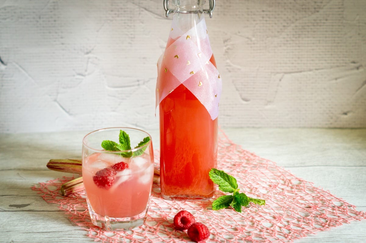 Finished rhubarb syrup bottled and ready to serve