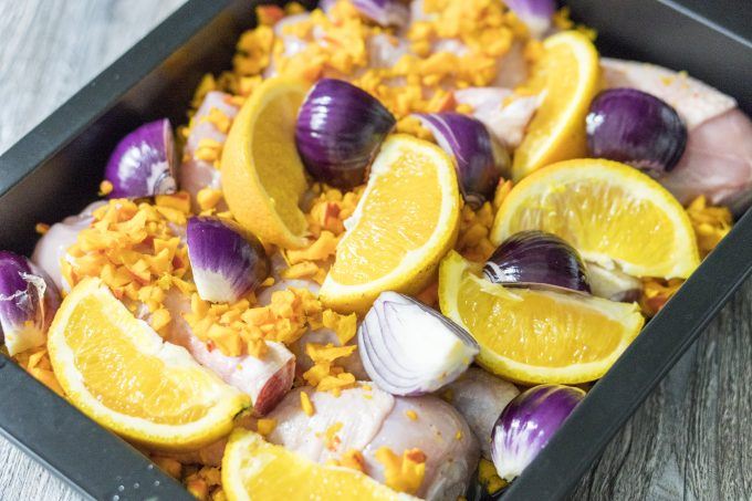 Oven-roasted chicken with pumpkin and orange prepared in the Thermomix®, ready for the oven