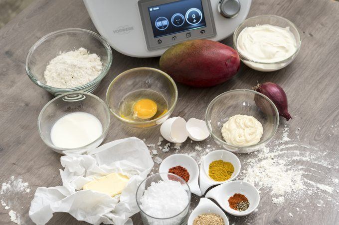 Ingredients for sesame chilli breadsticks made with the Thermomix® with mango dip