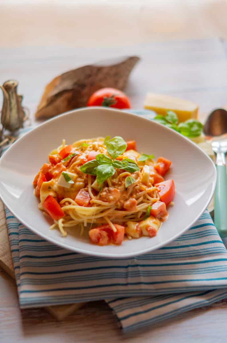 Spaghetti Tomato Mozzarella with the Thermomix® 2 Spaghetti Tomato Mozzarella made with the Thermomix® in a deep bowl with fresh basil