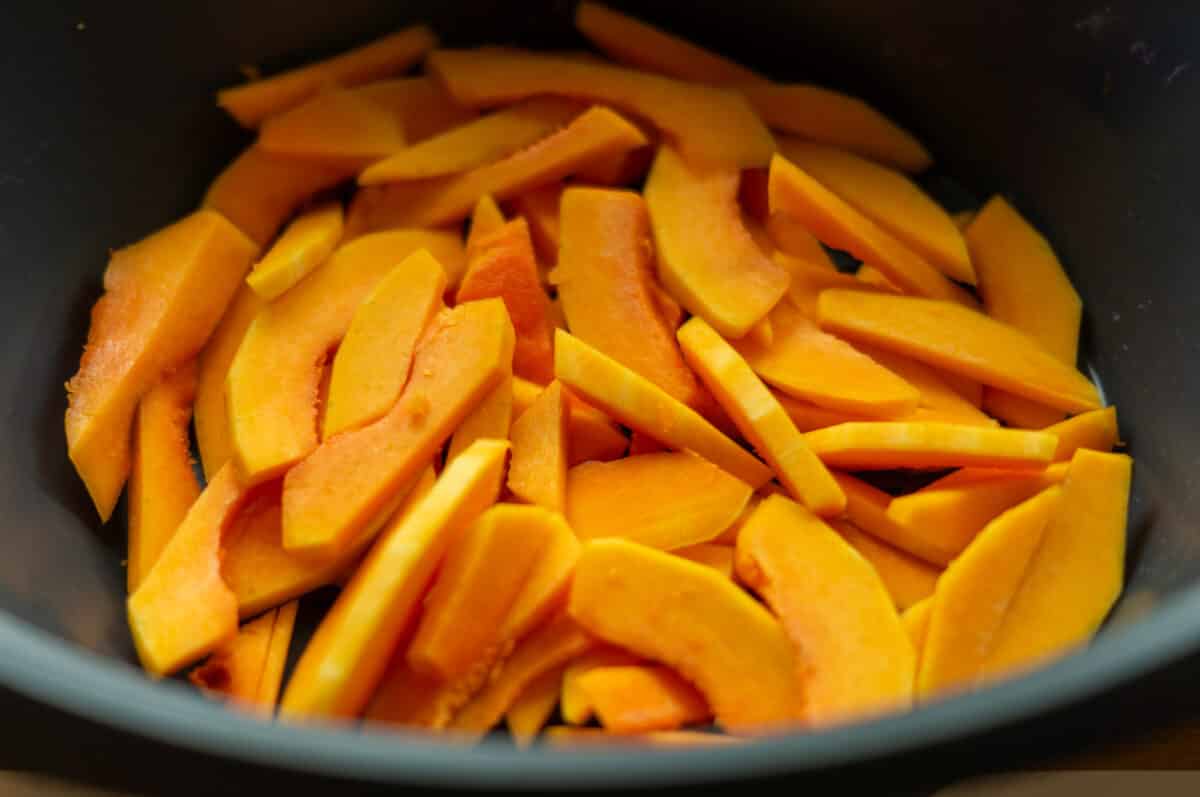 Pumpkin strips arranged side by side in the Varoma® of the Thermomix®
