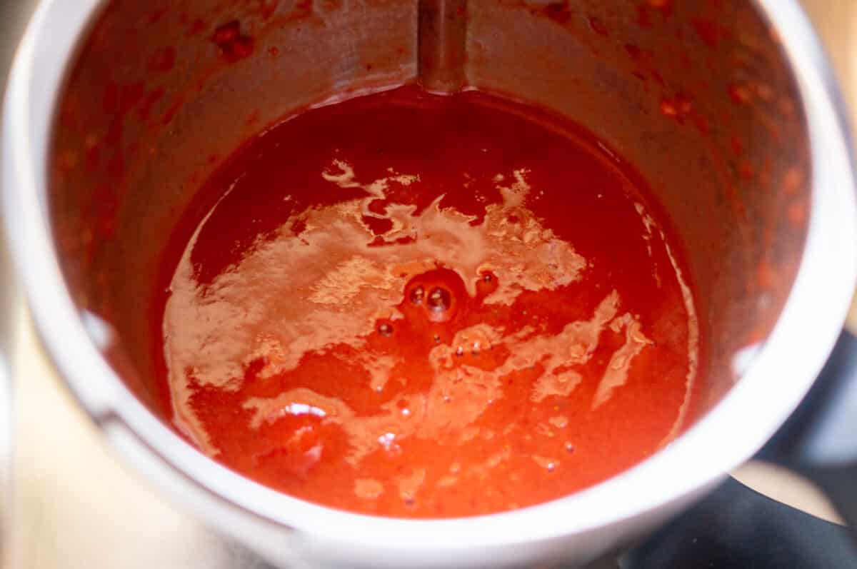 Finished strawberry ketchup in the mixing bowl