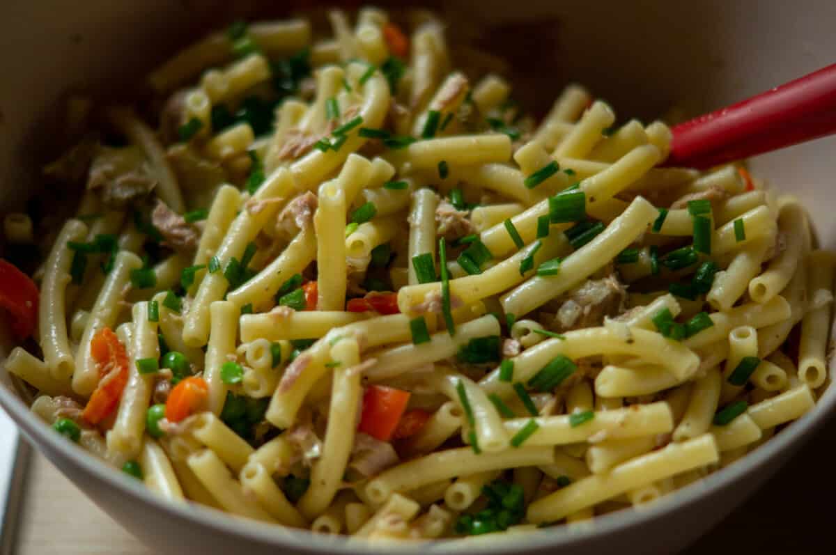 Mixing the tuna pasta salad
