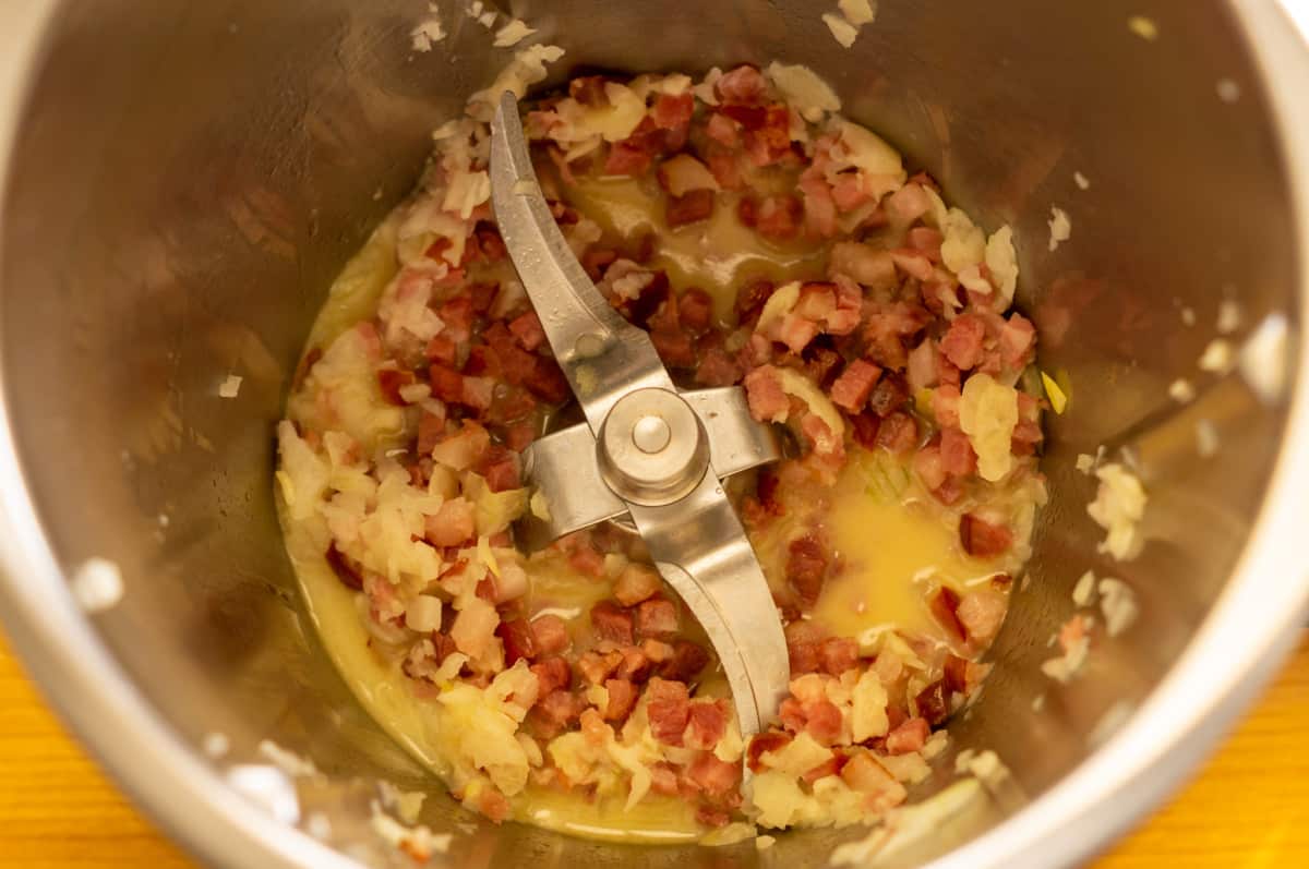 Sweating onions, garlic and bacon