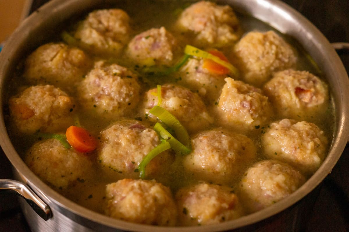 Bacon dumplings cooking in the soup