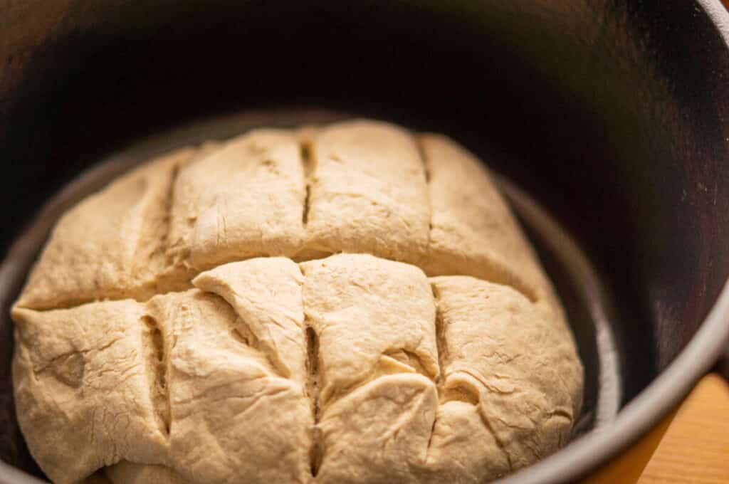 Yoghurt crust bread in the roasting dish