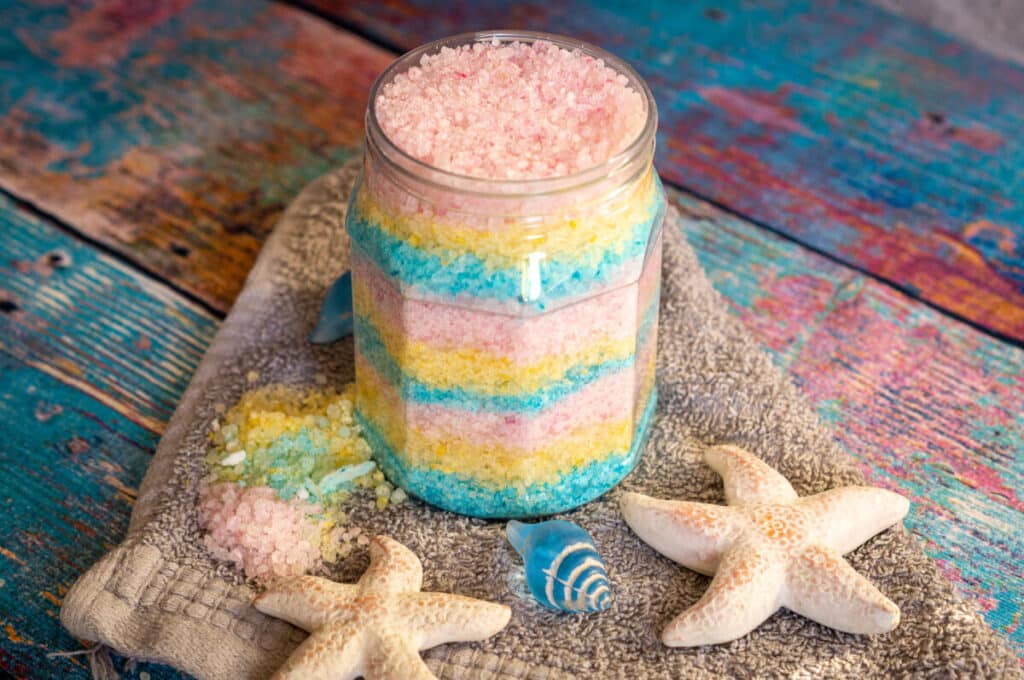 Colourful bath salts made with the Thermomix® in three jars: Unicorn, Orange and Rose Blossom