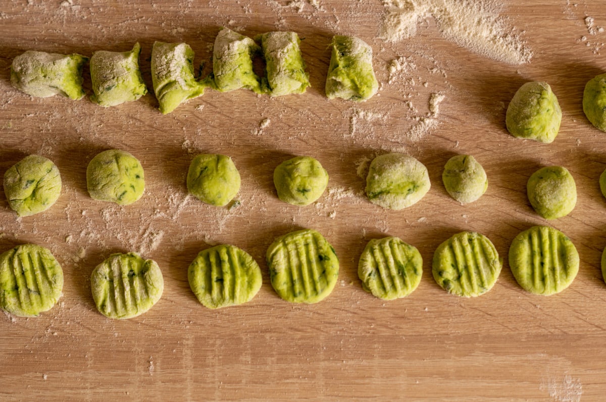 Shaping wild garlic gnocchi